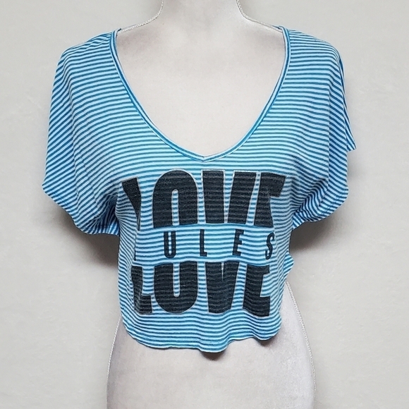 VINTAGE Retro Y2K Self Esteem Love Rules Blue Striped Strappy Back Cropped Tee - Picture 4 of 11